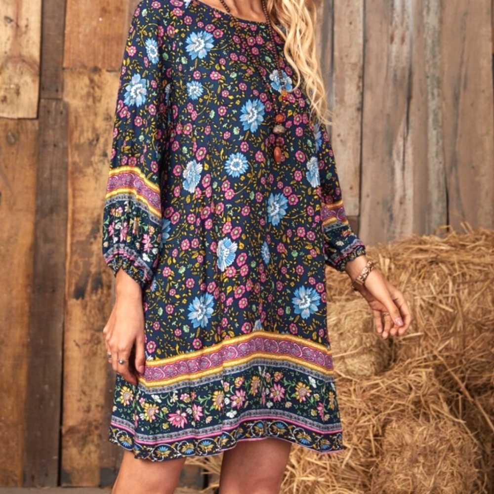 NEW Shift Dress Floral Print Pullover 3/4 Sleeve with Elastic Emery Rose Large - Picture 3 of 7